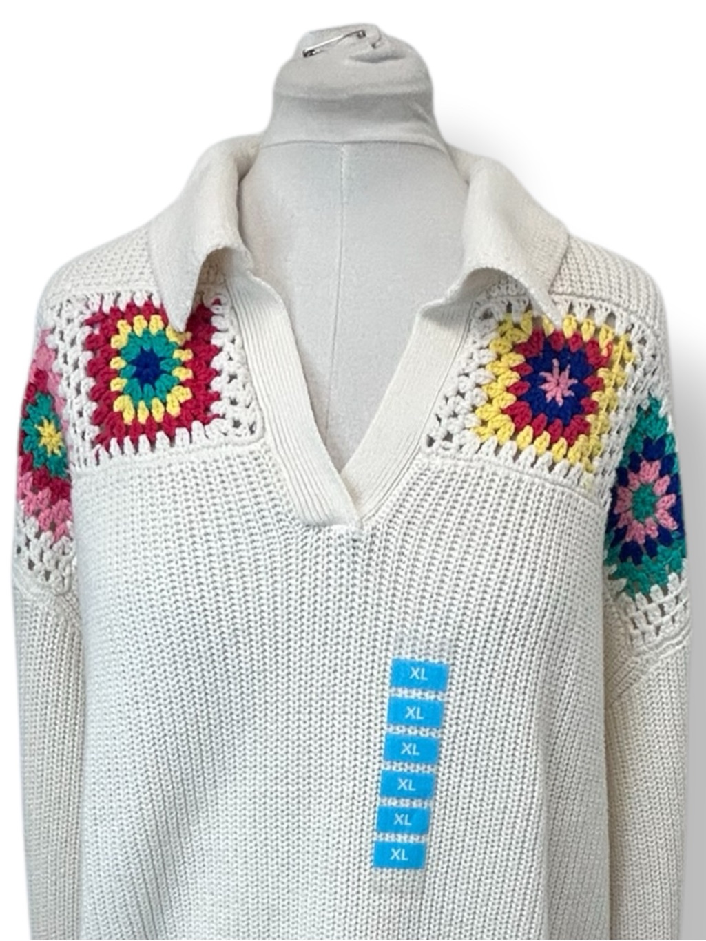 Joseph A Cream Women’s Johnny Collar V-Neck Sweater Crochet Square Cream Xl — image 3 of 8